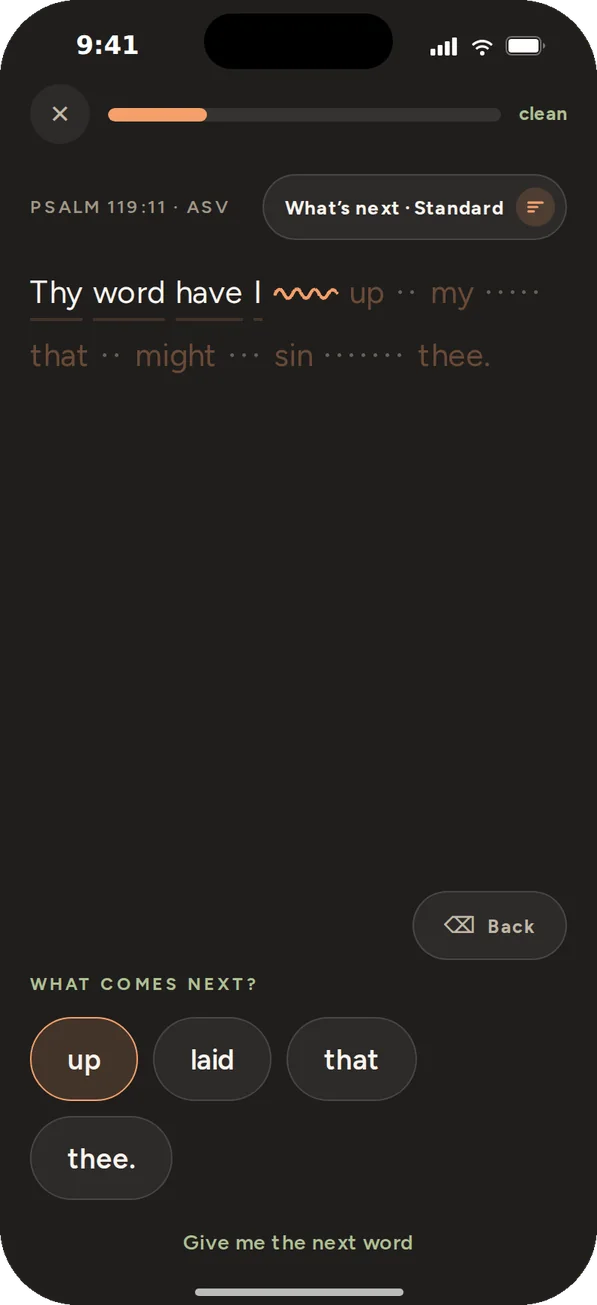 The Verse drill screen for Psalm 119:11: the words so far, and a choice of four words for what comes next.