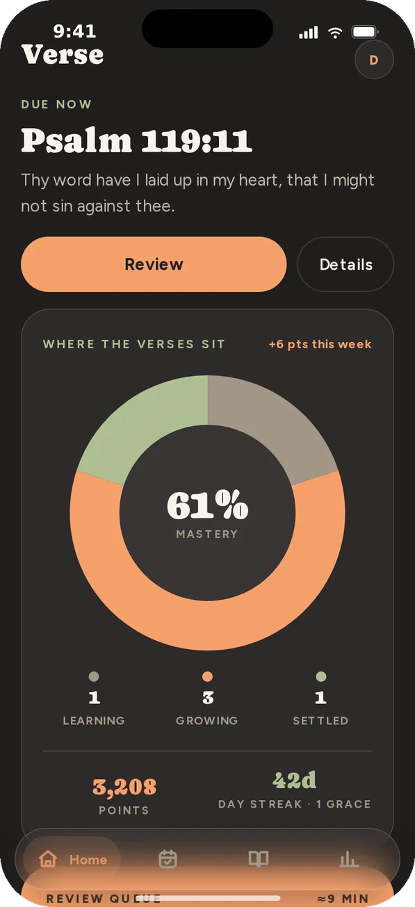 The Verse home screen: Psalm 119:11 due now, and a ring showing where the verses sit, with 61% mastery.