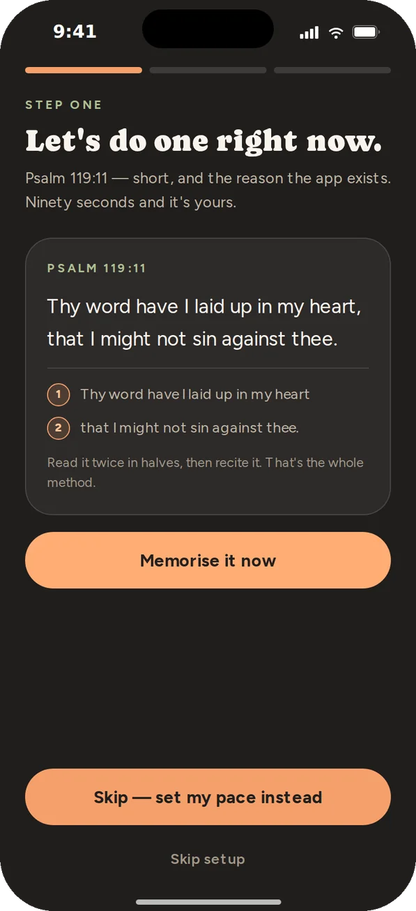 Step one in the Verse app: Psalm 119:11 split into two halves, with a button to memorise it now.