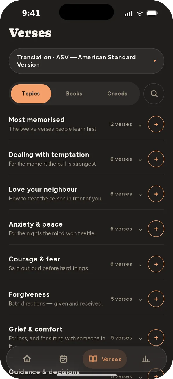 The Verses tab: topics such as Most memorised, Dealing with temptation and Anxiety & peace, each with a count of verses.